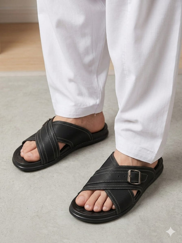 Premium Black Cross Strap Men’s Slippers (Ak30)